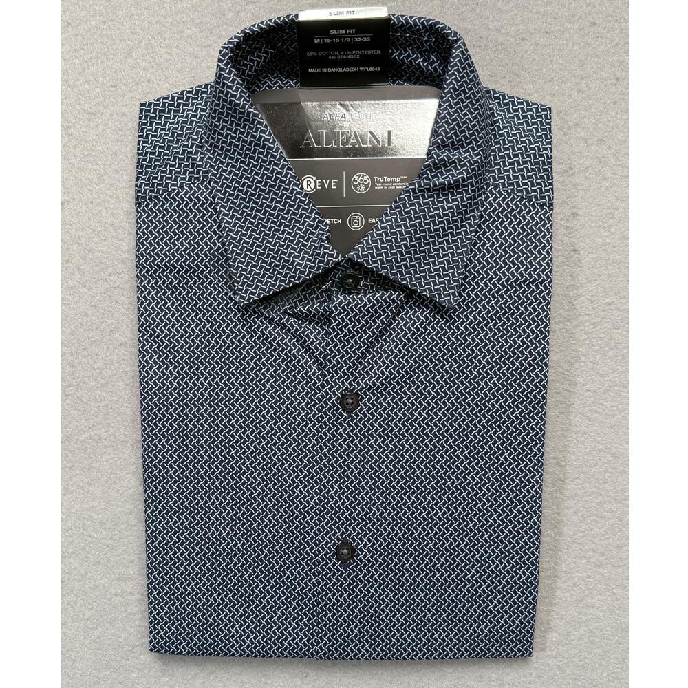 Alfani Men's Slim-Fit Temp Reg Geo-Print Dress Shirt Navy 15-15.5 32-33 $65